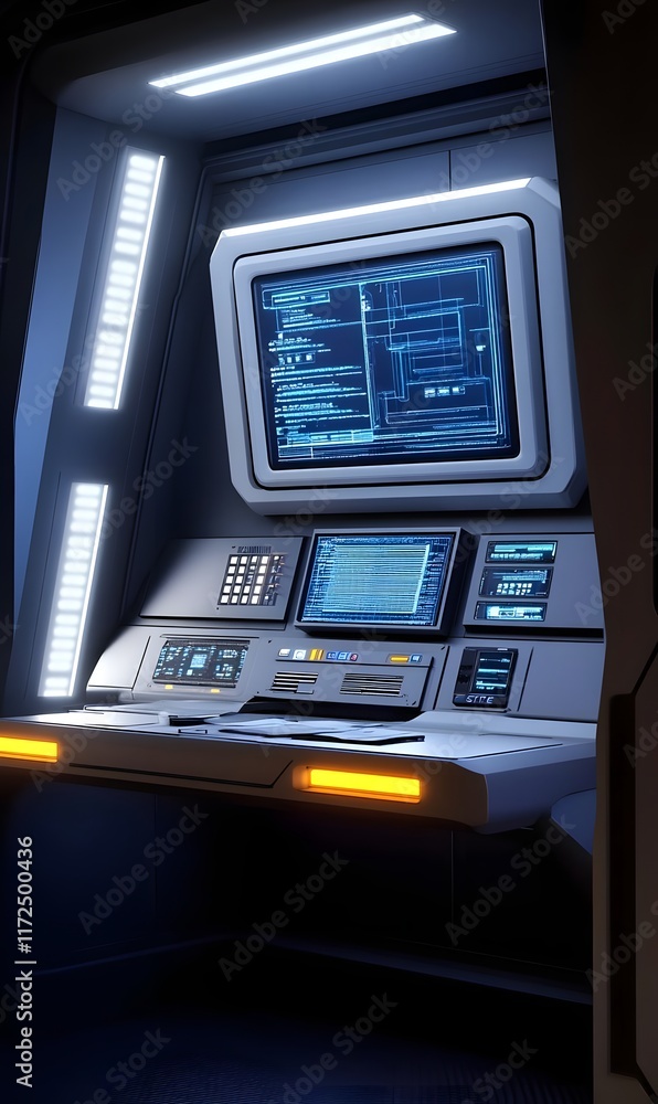 Poster a futuristic control panel with screens and buttons, likely for monitoring or navigation.