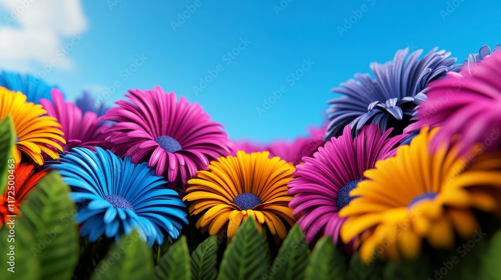 Poster vibrant array of artificial daisies in various colors set against a clear blue sky, creating a cheer
