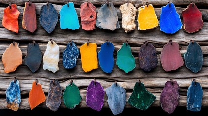 Obraz premium A vibrant collection of natural stones showcasing a range of colors and textures on a rustic wooden background