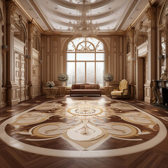 Obraz premium Luxury Interior Grand Hall with Intricate Marquetry Floor Ornate Chandelier and Classic Furniture