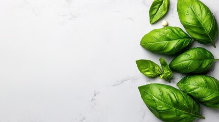 Obraz premium Fresh basil leaves arranged artistically on a marble surface, highlighting the vibrant green color and natural textures.