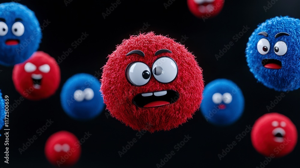 Poster a playful assembly of furry red and blue characters with exaggerated facial expressions, showcasing 