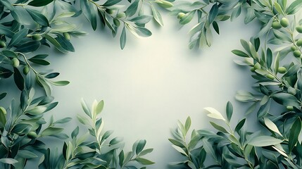 A tranquil composition of olive branches intertwined in a symmetrical frame, vibrant green tones blending with subtle gray highlights, clean white center for text, illuminated by soft natural light,