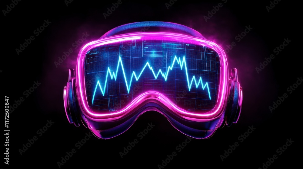Poster futuristic virtual reality goggles displaying dynamic data trends against a sleek black background w