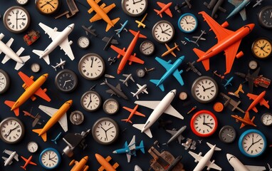 Vibrant collage of clocks, airplanes, and sleepy faces, artistically portraying jet lag and global travel