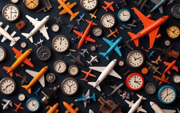 Vibrant collage of clocks, airplanes, and sleepy faces, artistically portraying jet lag and global travel