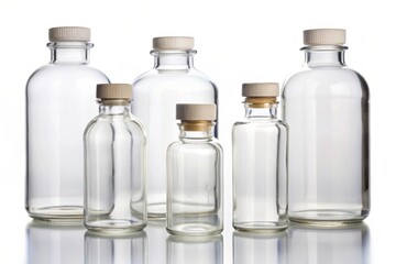A collection of clear glass bottles with wooden caps, varying in size, arranged aesthetically against a light background.