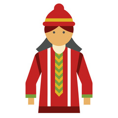 Person in Red Traditional Attire with Hat, Flat illustration of a person wearing red traditional clothing featuring green and yellow accents, a patterned design, and a matching red hat.  
