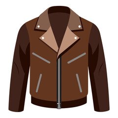 Brown Leather Jacket with Beige Lapel, Flat illustration of a brown leather jacket featuring a beige lapel collar, zippered pockets, and metallic button accents in a sleek design.  
