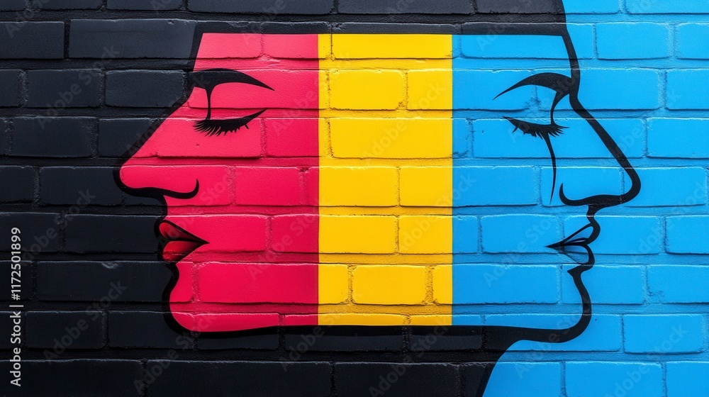 Poster a vibrant mural showcasing two profile silhouettes in contrasting colors symbolizing unity and diver