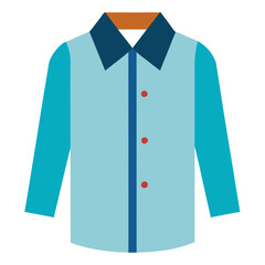 Light Blue Shirt with Dark Collar and Red Buttons, Flat illustration of a light blue long-sleeve shirt featuring a dark blue collar, red buttons, and a contrasting modern design. 
