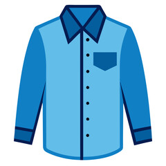 Blue Button-Up Shirt with Dark Details, Flat illustration of a blue button-up shirt featuring a chest pocket, dark blue collar, cuffs, and accents, in a clean modern design. 
