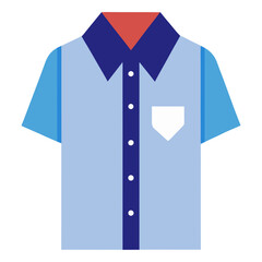 Short-Sleeve Light Blue Shirt with Dark Collar, Flat illustration of a short-sleeve light blue button-up shirt featuring a dark blue collar, white pocket, and contrasting accents. 
