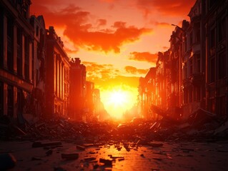 War-torn cityscape with crumbled buildings, shattered windows, and a red-tinged sky, vividly evoking the devastation and destruction of conflict