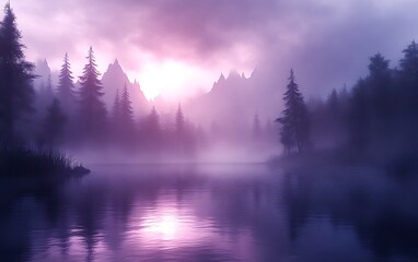 Fototapeta premium Misty purple sunset over a serene lake and mountain range.