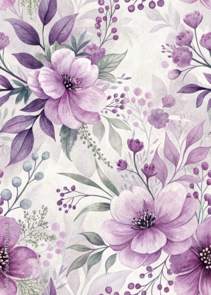 Poster a delicate floral pattern featuring soft purple blooms and greenery, perfect for adding a touch of e