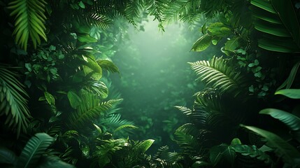 A tropical rainforest frame with a dense arrangement of layered leaves, soft misty lighting and natural textures, the center left open for text, rich and atmospheric, hd quality. --ar 16:9