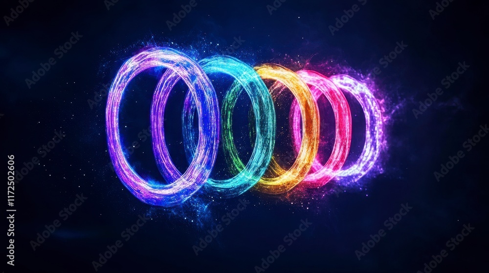 Poster a mesmerizing display of colorful glowing rings floating in a dark, mystical space filled with vibra