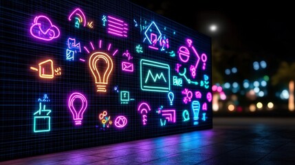 Illuminated neon icons on a dark city street, conveying creativity, technology, and innovation in digital design.