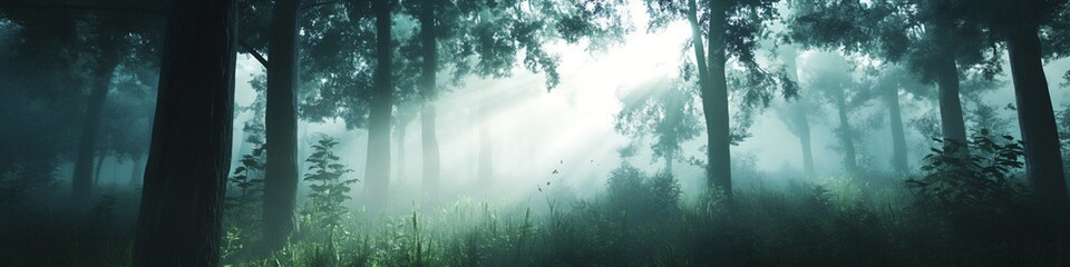 Serene misty forest with sunbeams filtering through trees and lush greenery in nature reserve