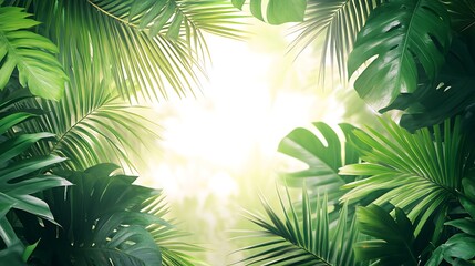 A tropical-inspired border of overlapping palm leaves, vibrant green tones illuminated by warm sunlight, subtle shadows adding depth, blank white central space for text, refreshing and serene,