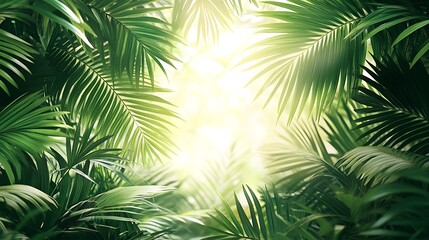 Obraz premium A tropical-inspired border of overlapping palm leaves, vibrant green tones illuminated by warm sunlight, subtle shadows adding depth, blank white central space for text, refreshing and serene,