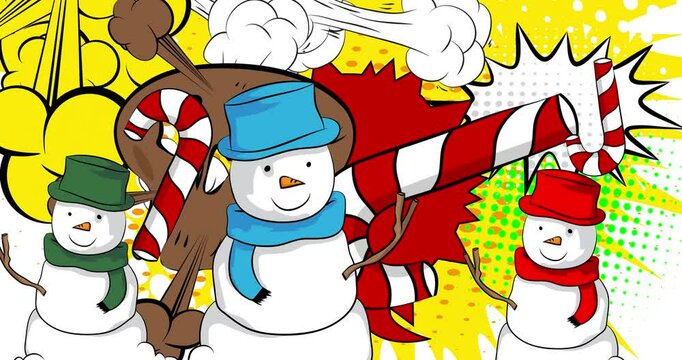 Cartoon Candy cane and Snowman, comic book holiday. Retro vector comics pop art design.