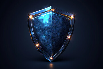 security shield with a sleek metallic design, symbolizing protection and cybersecurity. The shield features intricate details like glowing edges and a futuristic texture