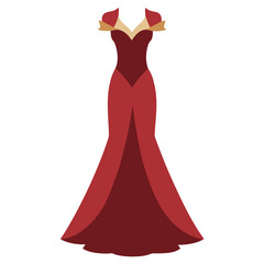 Burgundy Off-Shoulder Gown with Gold Accents, An elegant burgundy off-shoulder gown featuring gold accents and a flowing silhouette, perfect for formal events or fashion designs.    © PixelArtBox