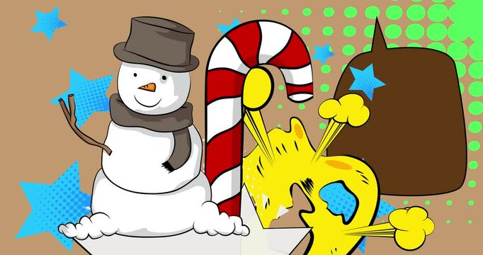 Cartoon Candy cane and Snowman, comic book holiday. Retro vector comics pop art design.