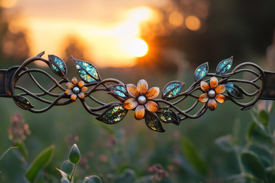 Metal fence adorned with vibrant flowers blooming in the sunlight, creating a colorful contrast against the urban backdrop.