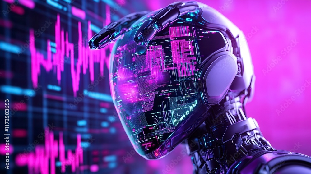 Poster futuristic humanoid robot with a transparent digital display helmet, integrating technology and inno