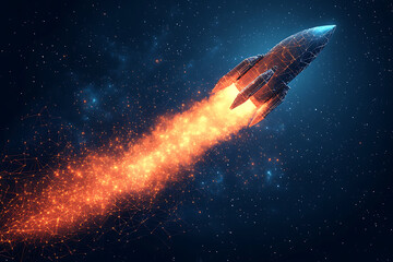 Obraz premium sleek rocket blasting off with fiery exhaust and smoke trails, symbolizing innovation, ambition, and exploration. The design captures a futuristic aesthetic