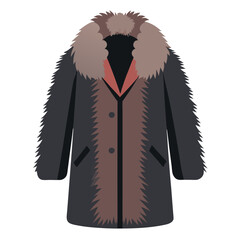 Black Fur Coat with Brown Fluffy Trim, A sleek black fur coat featuring a luxurious brown fluffy trim and button details, ideal for winter fashion or stylish apparel designs. 

