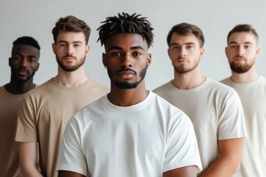 Group of men wearing white t-shirts, laughing and high-fiving at a beach, under a bright sun with sparkling blue waves in the background.