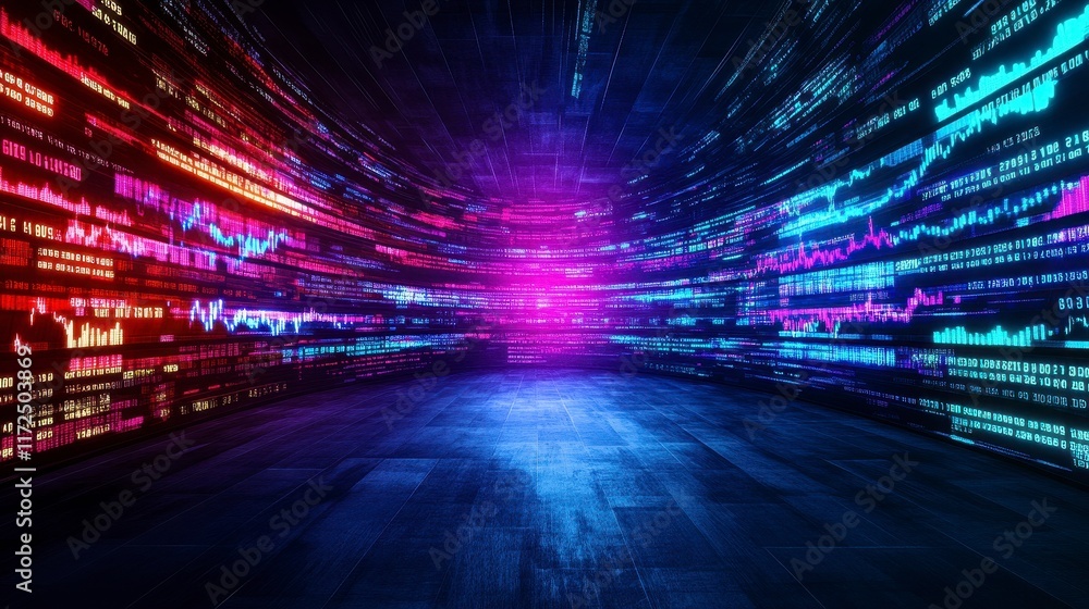 Poster futuristic data visualization room with glowing graphs and stock market data on curved digital scree