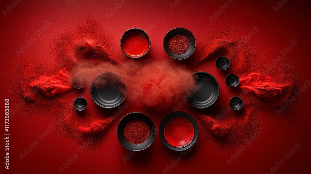Poster artistic composition of black and red bowls with vibrant powders creating a striking visual on a bol