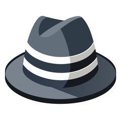 Classic Gray Fedora Hat with White Stripes, A sleek illustration of a gray fedora hat featuring two bold white stripes, perfect for vintage, fashion, or accessory-themed projects. 
