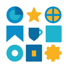 Colorful Geometric Icons and Shapes Collection, A vibrant set of blue and yellow geometric icons, including circles, stars, and squares, ideal for design and branding.
