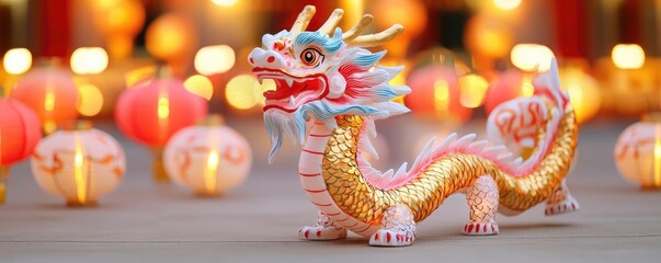 Fototapeta premium Chinese new year Dragon dance in a plaza surrounded by glowing lanterns, golden accents highlighting the connection between tradition and celebration