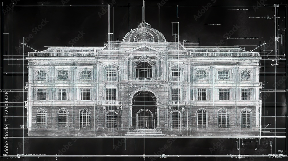 Poster detailed digital blueprint of building project for architect design