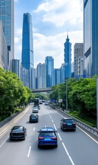 Naklejka premium Busy urban street scene with modern skyscrapers and vehicles in a vibrant city on a sunny day