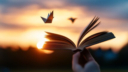 Sunset Book and Paper Birds: A Serene Evening Reading