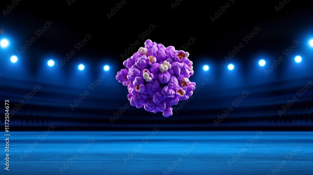 Poster a visually striking illustration of a purple protein structure floating in an illuminated arena-like