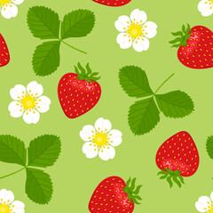 Seamless pattern with strawberry, green leaves and flowers.  Background with sweet red berry. Vector cartoon flat illustration.