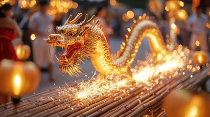 Obraz premium Chinese new year Performers animating a golden dragon on a bamboo platform, glowing lanterns and golden sparks highlighting their dynamic routine