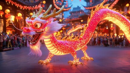 Fototapeta premium Chinese new year A dragon illuminated by vibrant red and gold light weaving through a bustling festival square, surrounded by spectators