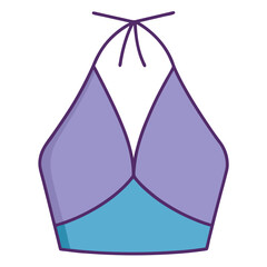 Purple and Blue Halter Crop Top Illustration, Flat illustration of a halter crop top featuring a purple upper section, blue lower section, and a tie-back strap, perfect for summer fashion visuals.  
