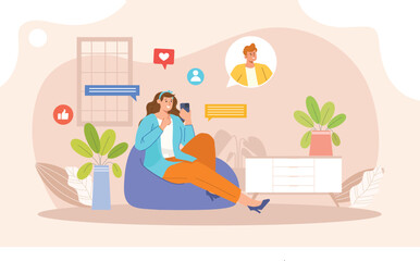 An illustration of casual chat, featuring relaxing characters having a laid-back conversation, with cozy surroundings like sofas, coffee cups, and casual clothing, highlighting a friendly