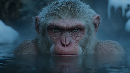 Albino ape submerged in icy water, intense gaze.